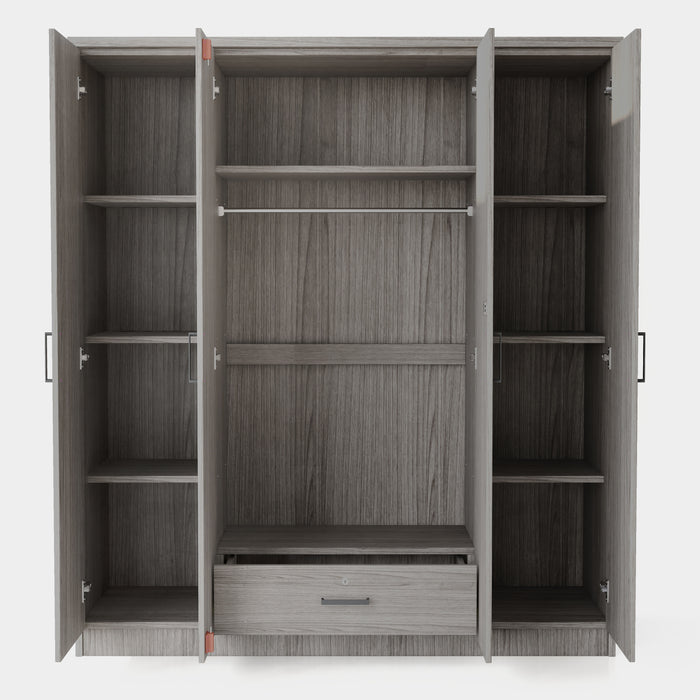 4-Door Mirror Wardrobe with shelves, Gray