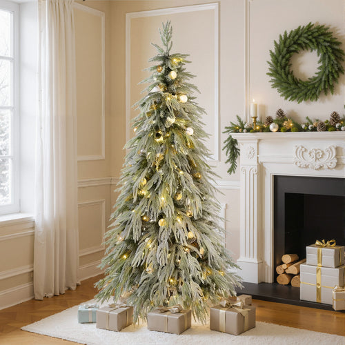 5FT Pre-Lit Spruce Snow Flocked Christmas Tree with LED Lights, Artificial Hinged Xmas Tree in White+Green, Made of PE and PVC, 59 Inches Tall - Image 9