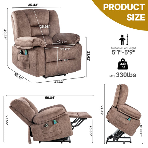 Comfortable Velvet Power Lift Recliner Chair Sofa with Massage and Heating for Elderly in Brown - Image 3