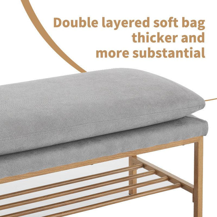 End of Bed Bench with Shelf, Linen Upholstered Storage Shoe Bench, Modern Bedroom Bench with Metal Legs for Living Room, Entryway, Dining Room, 300 LB, Linen Color(Gray) - DTYStore