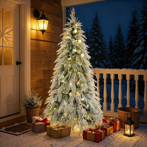 5FT Pre-Lit Spruce Snow Flocked Christmas Tree with LED Lights, Artificial Hinged Xmas Tree in White+Green, Made of PE and PVC, 59 Inches Tall - Image 8