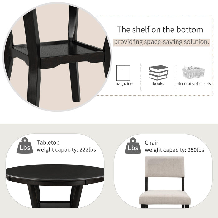5-Piece Kitchen Dining Table Set Round Table with Bottom Shelf, 4 Upholstered Chairs for Dining Room(Espresso) - DTYStore