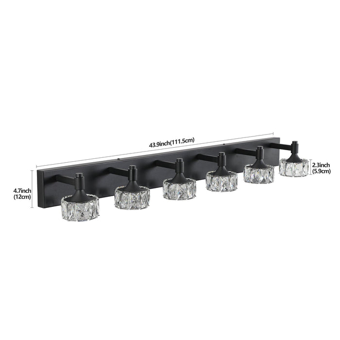 Modern 6-Light Matte Black LED Vanity Light Fixture with Crystal Glass Shades, Bathroom Wall Sconce for Elegant and Contemporary Home Decor - DTYStore