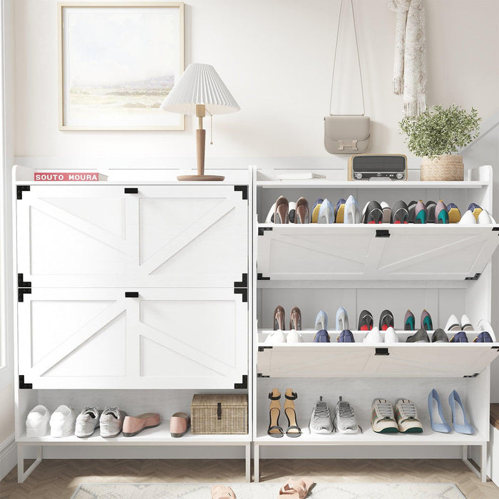 Shoe Cabinet with 2 Flip Drawers,Shoe Storage Cabinet for Entryway,Freestanding Shoe Cabinet Organizer with Open Storage,Narrow Farmhouse Shoe Rack with Metal Corner Decoration Legs,White - DTYStore