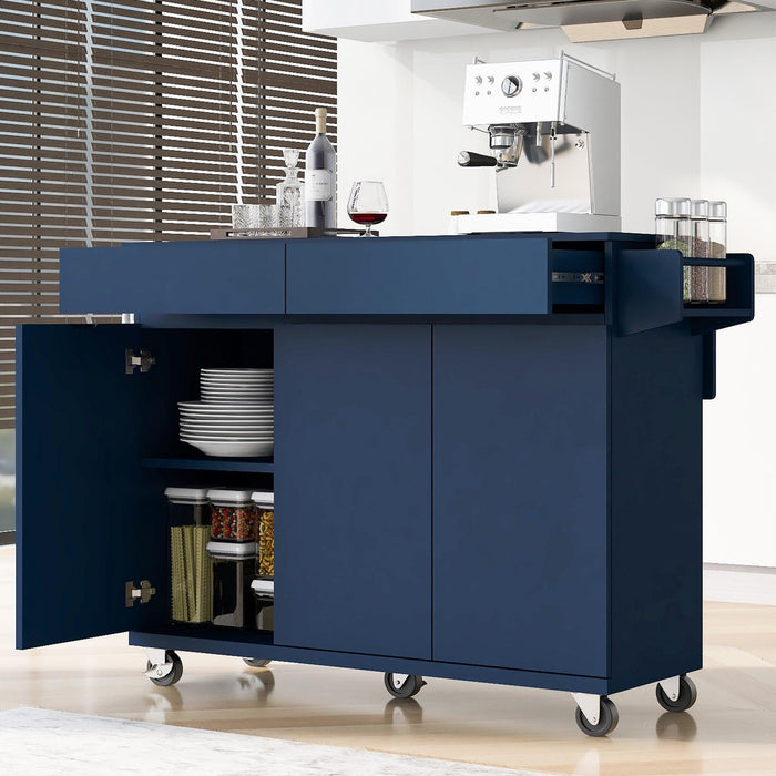 53.2'' Kitchen Island with Drop Leaf, Kitchen Storage Cart with Spice Rack, Towel Rack and 2 Drawers, Rolling Kitchen Island on Wheels with Adjustable Shelves for Kitchen, Dining Room, Navy Blue - DTYStore