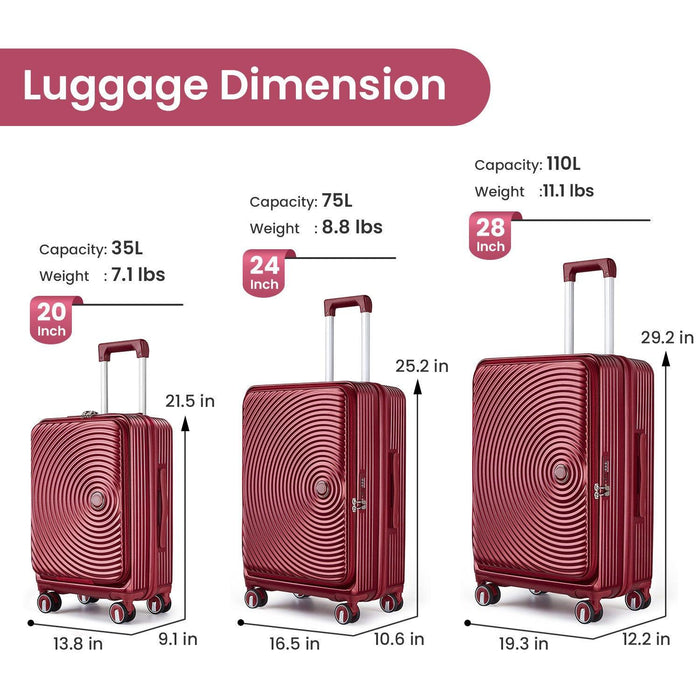 Luggage Sets 3 Piece(20/24/28), Expandable Carry On Luggage with TSA Lock Airline Approved, 100% PC Hard Shell and Lightweight Suitcase with Front Pocket and Spinner Wheels - DTYStore