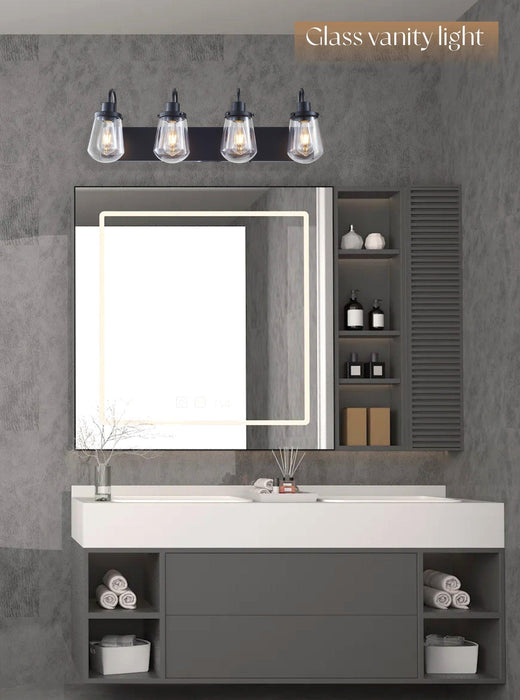 Indoor Modern Bedroom Wall Lamp In Matte Black, Iron Clear Glass Shade,4-Lights E26 Bulb Bathroom Vanity Light