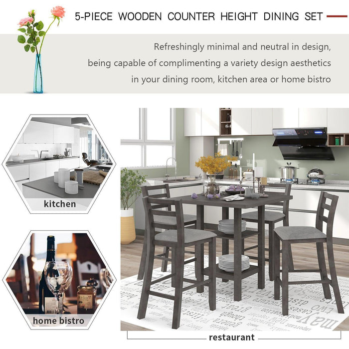 5-Piece Wooden Counter Height Dining Set with Padded Chairs and Storage Shelving - DTYStore