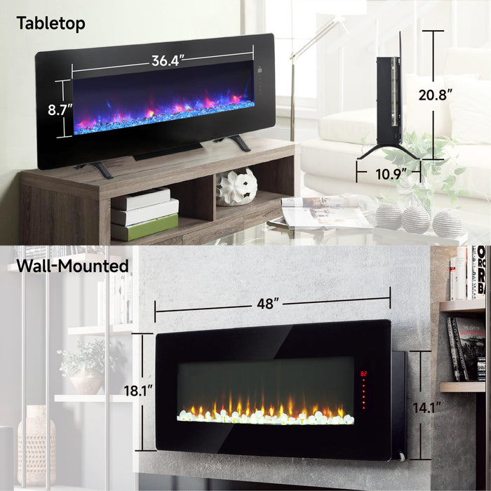 48 inch Curved Front Wall Mounted Electric Fireplace with remote and multi color flame & emberbed - DTYStore