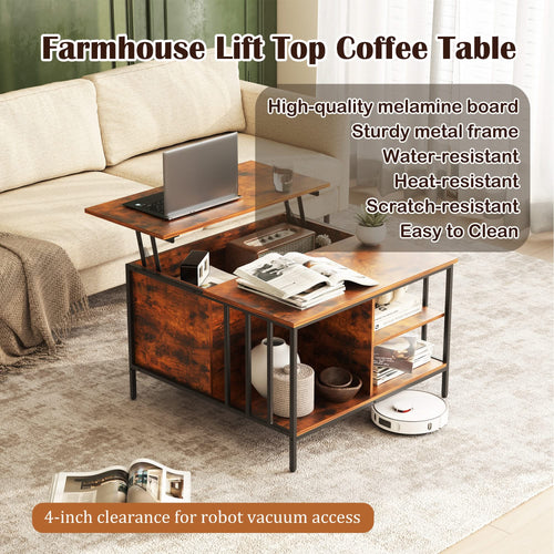 Farmhouse Lift Top Coffee Table with Storage - 31.5' Adjustable Height Living Room Table, Multifunctional Center for Family with Hidden Compartment & 3 Shelves(110lbs Capacity, Easy to Clean) - Image 9