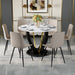 Table and chair set.42 Inch Diameter Round Tempered Glass Pandora marble patterned Dining Table - V-Shaped MDF Legs.Paired With 6 Gray Artificial PU Chairs With Curved Widened Cushion Design. - DTYStore
