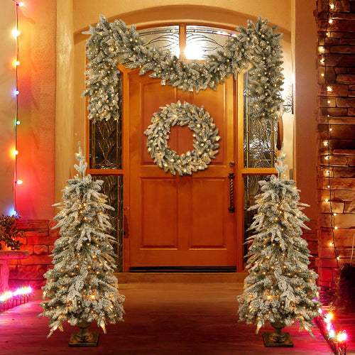 Pre-lit Christmas Artificial Tree 4-Piece Set, Garland, Wreath and Set of 2 Entrance Trees, X-mas with LED Lights, PVC Festival Celebration Set, Green - Image 1