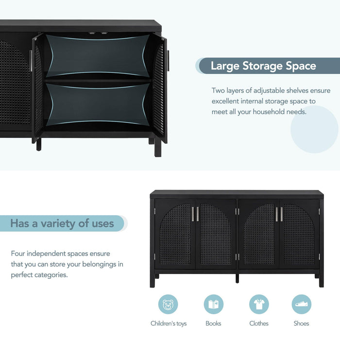 Large Storage Space Sideboard with Artificial Rattan Door and Metal Handles for Living Room and Entryway (Black) - DTYStore