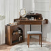 Corner Makeup Vanity Desk With Mirror & LED Lights, Modern Vanity Set With Mirror And Stool, Dressing Table With Large Storage For Small Place, Brightness Adjustable Folding Mirror, Walnut - DTYStore