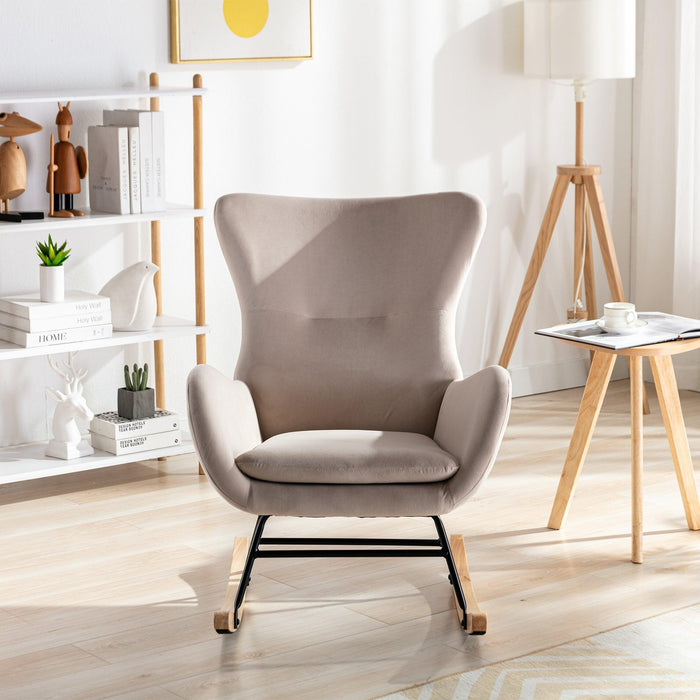Velvet Fabric Padded Seat Rocking Chair with High Backrest and Armrests