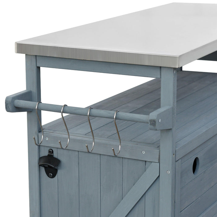 Outdoor Kitchen Island, Rolling Bar Cart & Storage Cabinet, Farmhouse Solid Wood Outdoor Grill Table with Stainless Steel Top, Spice Rack , Towel Rack for Kitchen & BBQ , Grey Blue - DTYStore