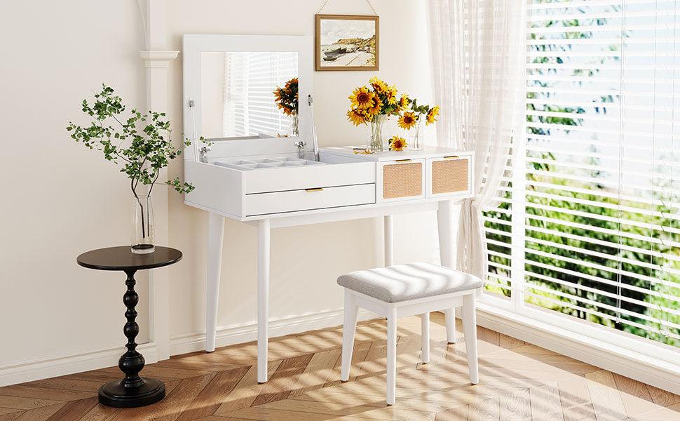 43.3" Classic Wood Makeup Vanity Set with Flip-top Mirror and Stool, Dressing Table with Three Drawers and storage space, White - DTYStore