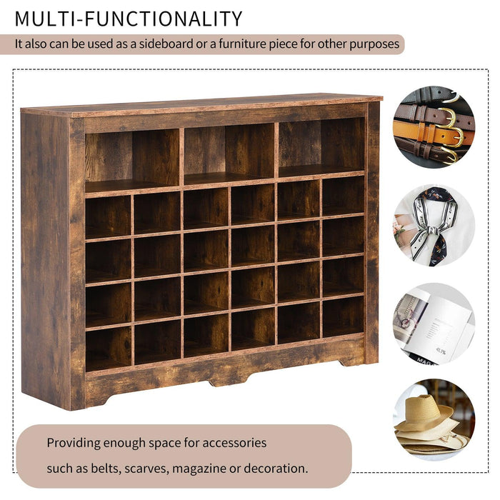 Sleek Design 24 Shoe Cubby Console, Modern Shoe Cabinet with Curved Base, Versatile Sideboard with High-quality for Hallway, Bedroom, Living Room, Rustic Brown - DTYStore