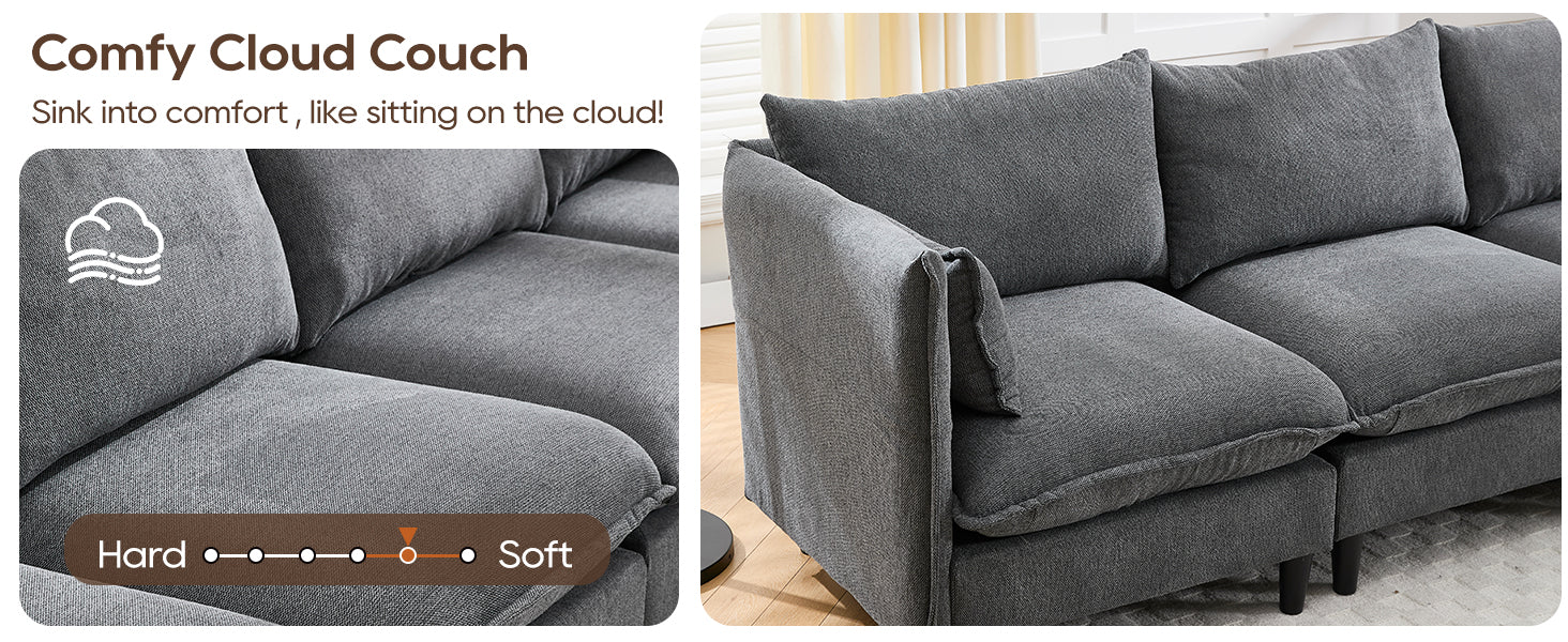 Modular Sectional Sofa, L Shaped Couch Set for Living Room, 4-Seater Comfy Cloud Couches with Movable Ottoman Dark Grey