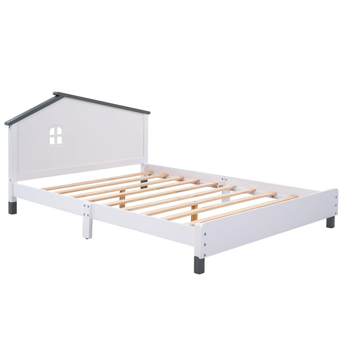 Full Size Wood Platform Bed with House-shaped Headboard (White+Gray) - DTYStore