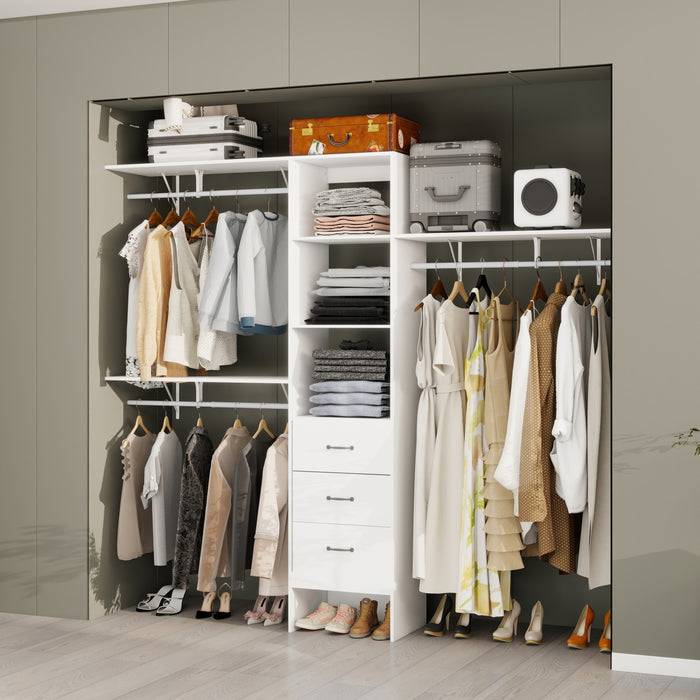 96 Inches Closet System, 8FT Walk In Closet Organizer with 3 Adjustable Shelves & 3 Expandable Hanger Rods & 3 Drawers, Built-In Garment Rack, 96"L x 16"W x 82"H, Load 1000 LBS-White