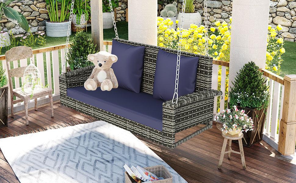 GO 2-Person Wicker Hanging Porch Swing with Chains, Cushion, Pillow, Rattan Swing Bench for Garden, Backyard, Pond. (Gray Wicker, Blue Cushion) - DTYStore