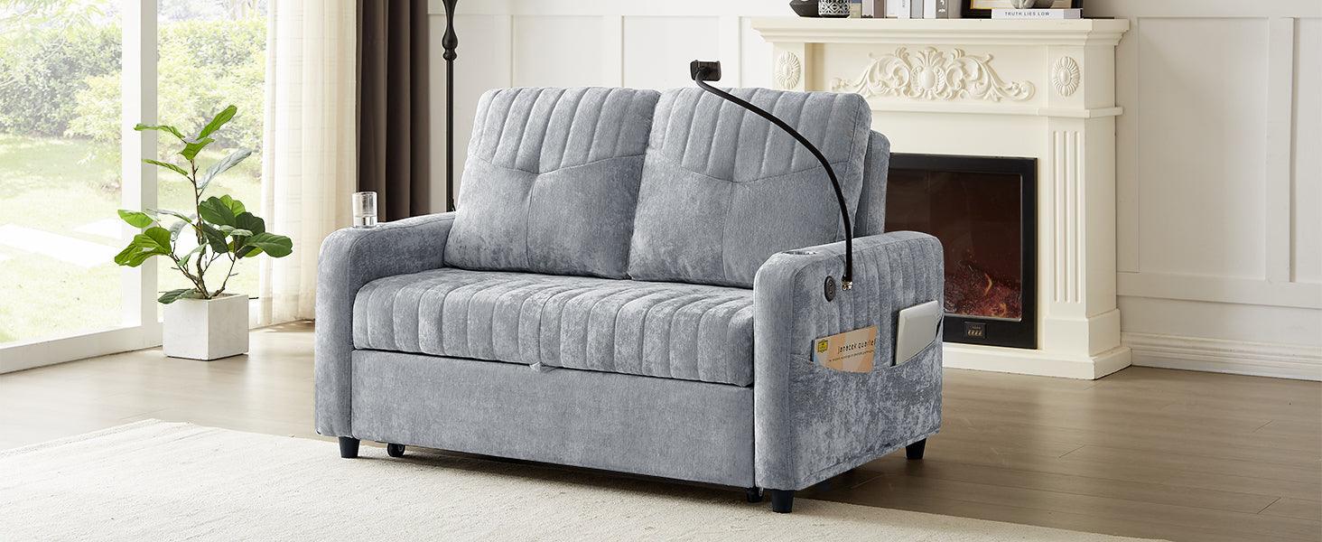 53.9" Modern Loveseat Pull-out Sofa Bed with Adjustable Backrest, Two Cup Holders , a Phone Holder, Three Charging Ports and Side Storage Pockets for Living Room, Grey - DTYStore