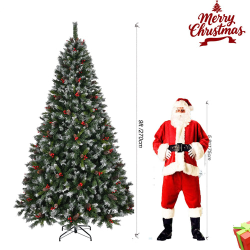 9ft Pre-Lit Pre-Decorated Pine Hinged Artificial Christmas Tree with 1740 Flocked Frosted Tips, 103 Pine Cones, 309 Red Berries,  600 Lights, Metal Base for Holiday Party Office Home - Image 11