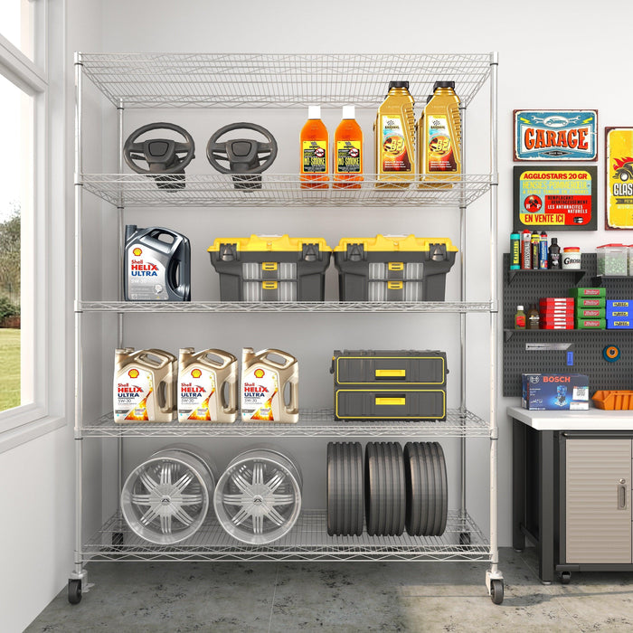 5-Layer Heavy-Duty Adjustable Shelves with Wheels and Adjustable Feet, 300 lbs Capacity