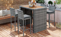 GO 5-pieces Outdoor Patio Wicker Bar Set, Bar Height Chairs With Non-Slip Feet And Fixed Rope, Removable Cushion, Acacia Wood Table Top, Brown Wood And Gray Wicker - DTYStore