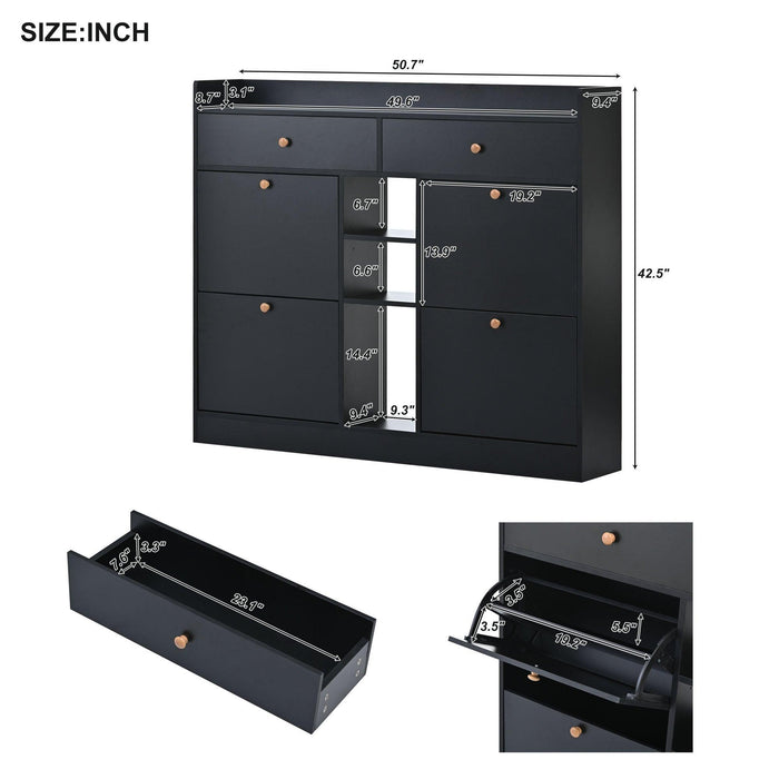 Modern Tipping Bucket Shoe Cabinet with 4 Flip Drawers, Multifunctional 2-Tier Shoe Storage Organizer with Drawers, Free Standing Shoe Rack for Entrance Hallway, Black. - DTYStore