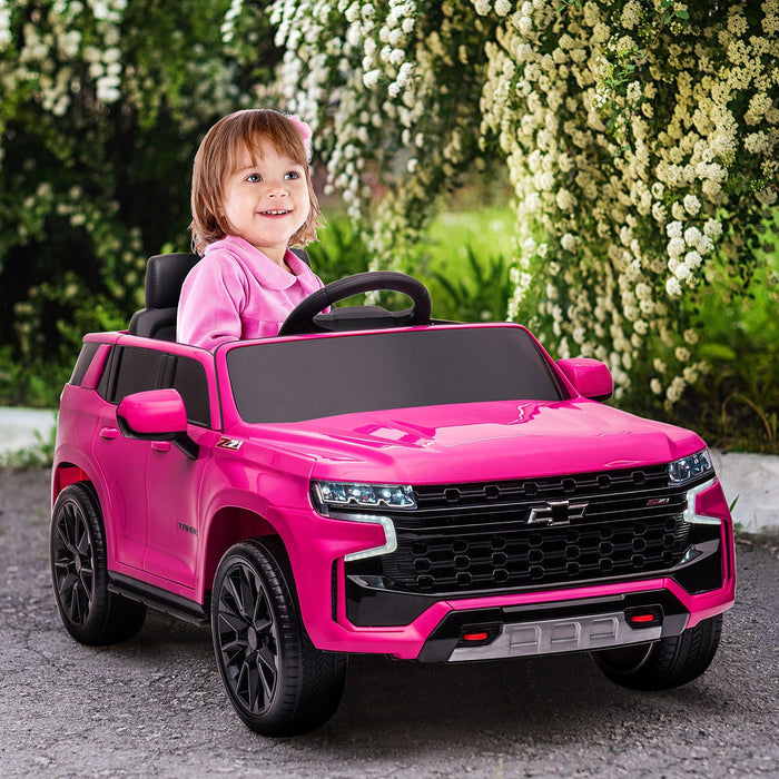 Chevrolet TAHOE Licensed Kids Ride on Car, 12V Battery Powered Kids Electric Car with Remote Control, Music, Lights, Horn, Suspension for 3-6 Years Old, Pink