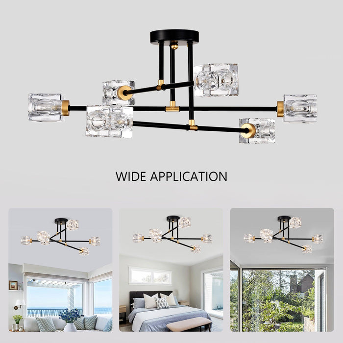 Modern Ceiling Lamp with Light Fixture (6*G9 Bulbs Included),Modern Semi Flush Mount Light Fixture Crystal Chandelier for Dining Room, Bedroom, Living Room--Matte Black 
+Matte Gold - DTYStore