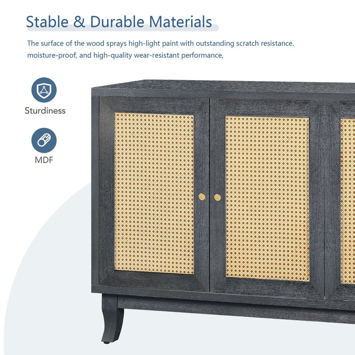 Handcrafted Premium Grain Panels,Rattan Sideboard Buffer Cabinet With 4 Rattan Doors, Modern Storage Cupboard Console Table with Adjustable Shelves for Living Room(Antique Dark Gray)
