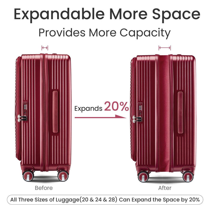 Luggage Sets 3 Piece(20/24/28), Expandable Carry On Luggage with TSA Lock Airline Approved, 100% PC Hard Shell and Lightweight Suitcase with Front Pocket and Spinner Wheels - DTYStore