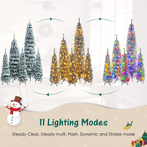 8FT, 6FT, 4FT x 3 Pre-Lit Pencil Christmas Trees, 5-set Slim Artificial Christmas Tree With Snow Flocking, Xmas Holiday Decoration Tree, 1820 Branch Tips, 350 LED Lights with 11 Lighting Modes - Image 5