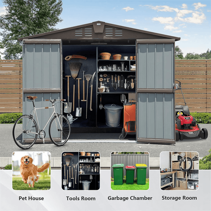 Outdoor Storage Shed 8.2' x 6.2', Metal Steel Utility Tool Shed Storage House with Double Lockable Doors & Air Vents for Backyard Patio Garden Lawn Brown - DTYStore
