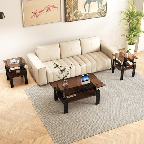 Set of 2 Modern Tempered Glass Tea Table ,Tempered Glass Tabletop with MDF Layer,Coffee Table,End Table, Square Table for Living Room, Brown/black - Image 5