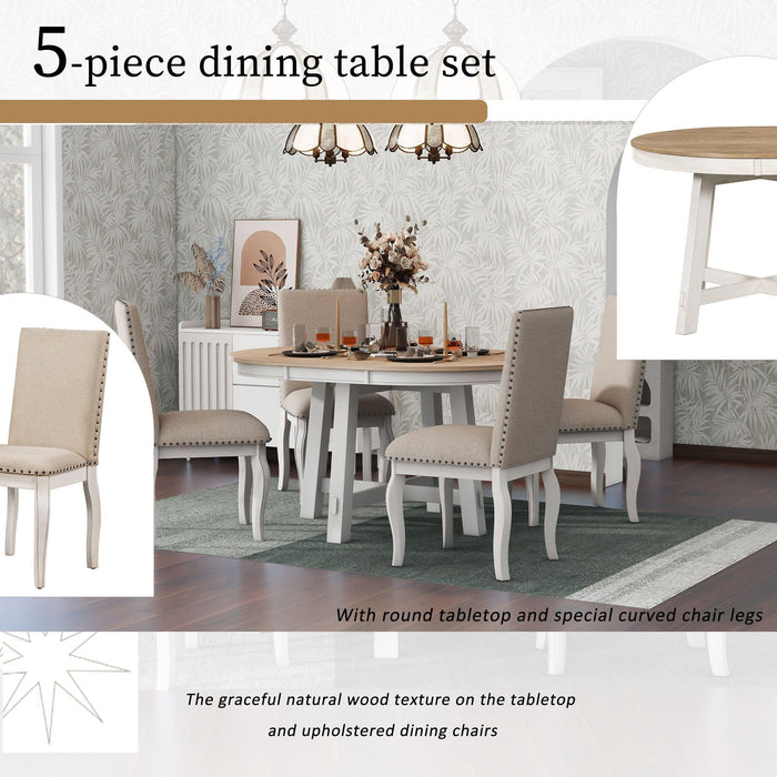 5-Piece Farmhouse Dining Table Set Wood Round Extendable Table and 4 Upholstered Chairs