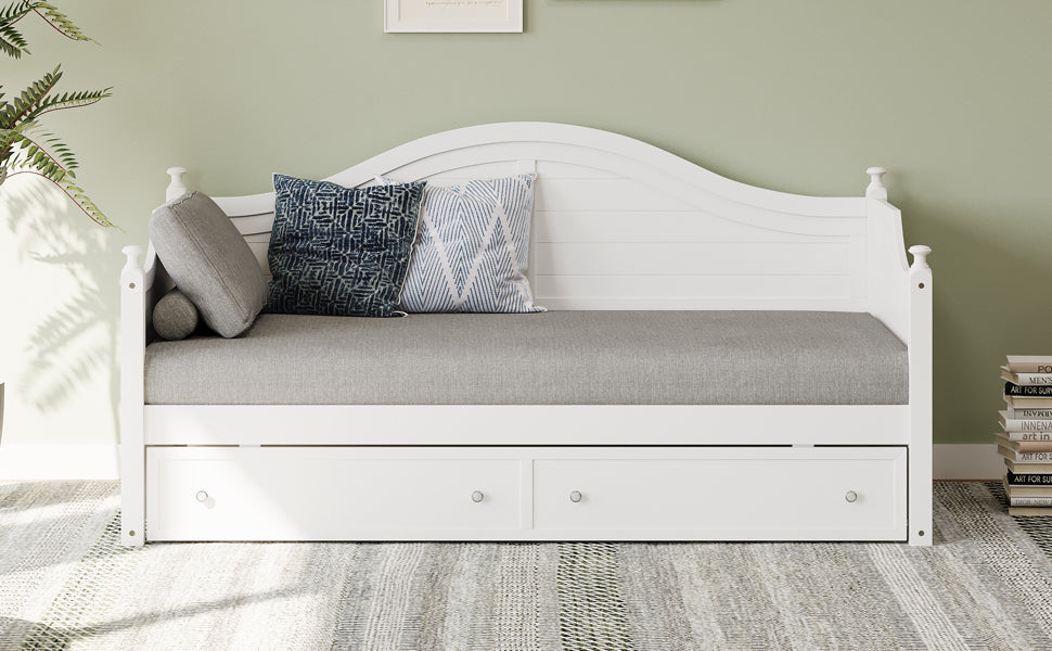Twin Size Wood Daybed with 2 Storage Drawers ,Wooden Sofa Bed with Handrail for Living Room Bedroom, White