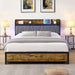 King Size Bed Frame, Storage Headboard with Charging Station and 4 Storage Drawers,LED Lights , Brown and and Gray - DTYStore