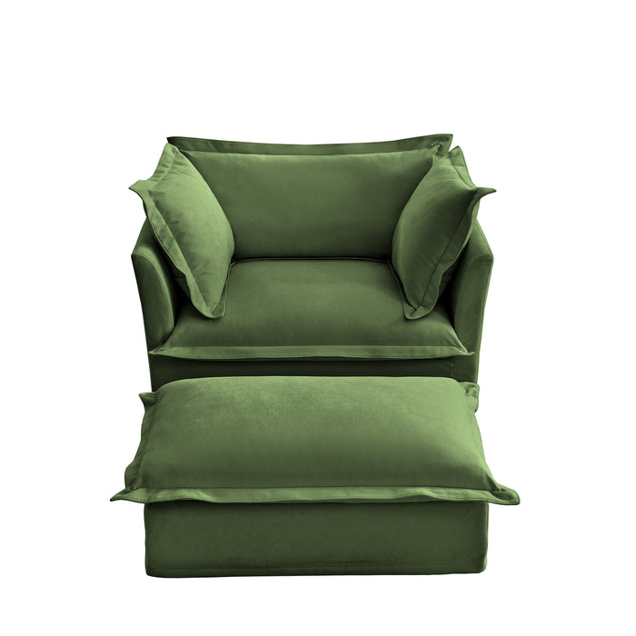 Upholstered Slipcovered Armchair with Ottoman, Deep Seat Armchair W/ Wide Ottoman for Living Room, Armchair Sets with Large Soft Pillows(Set of 2),Chenille Fabric,Green