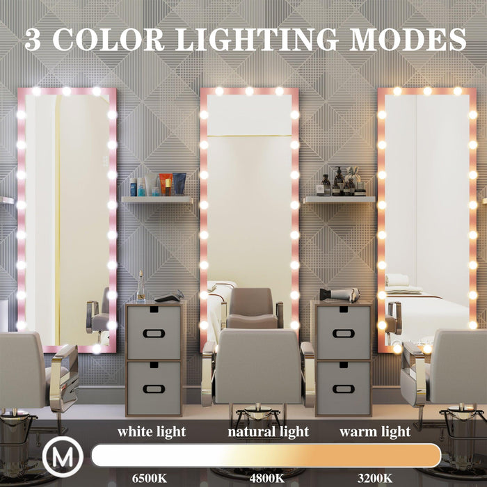 Hollywood Full Length Mirror with Lights Full Body Vanity Mirror with 3 Color Modes Wall Lighted Standing Floor Mirror for Dressing Room Bedroom Hotel Touch Control Pink 62.6"x23.3" - DTYStore