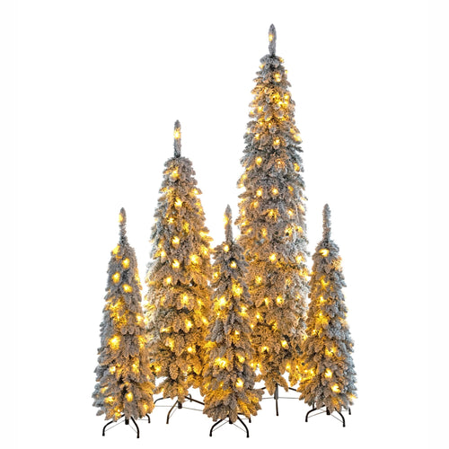 8FT, 6FT, 4FT x 3 Pre-Lit Pencil Christmas Trees, 5-set Slim Artificial Christmas Tree With Snow Flocking, Xmas Holiday Decoration Tree, 1820 Branch Tips, 350 LED Lights with 11 Lighting Modes - Image 12