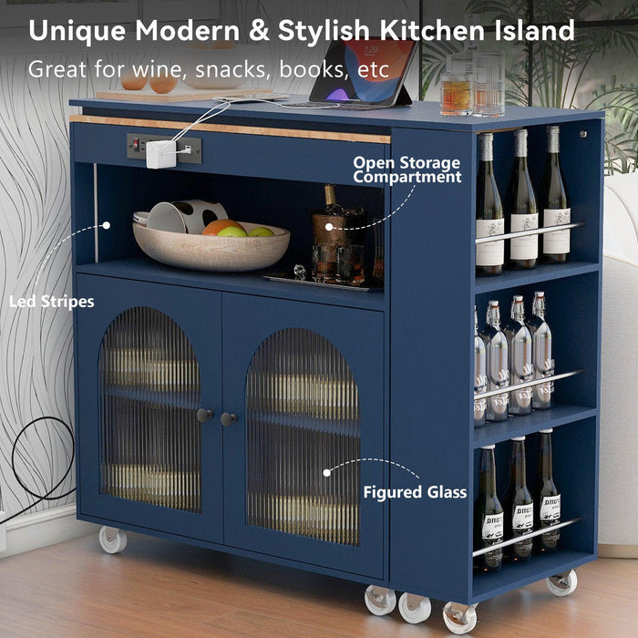 Rolling Kitchen Island With Extended Table, Kitchen Island on Wheels with LED Lights,Power Outlets and 2 Fluted Glass Doors, Kitchen Island with a Storage Compartment and Side 3 Open Shelves, Navy - DTYStore