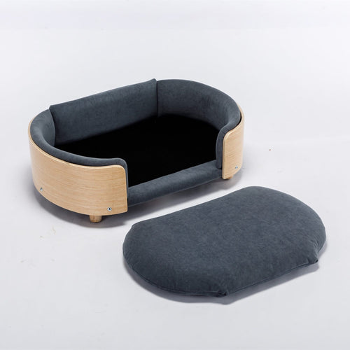 Scandinavian style Elevated Dog Bed Pet Sofa With Solid Wood legs and Bent Wood Back, Velvet Cushion,Mid Size,Dark Grey - Image 12