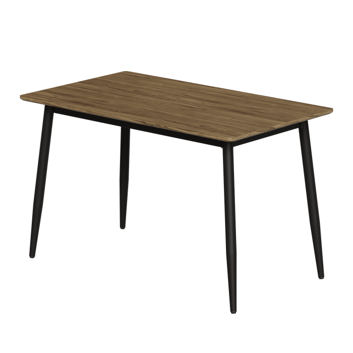 Modern minimalist walnut wood grain tabletop dining table and chair 4-piece set, stylish dining table, kitchen dining table, black metal leg design, suitable for 4-6 people dining