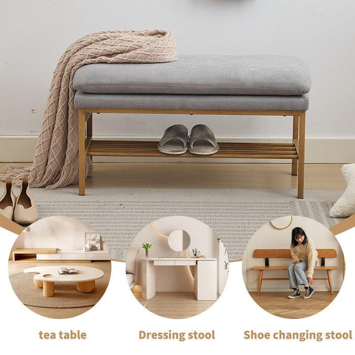End of Bed Bench with Shelf, Linen Upholstered Storage Shoe Bench, Modern Bedroom Bench with Metal Legs for Living Room, Entryway, Dining Room, 300 LB, Linen Color(Gray) - DTYStore