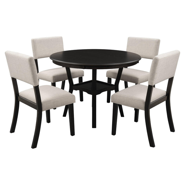 5-Piece Kitchen Dining Table Set Round Table with Bottom Shelf, 4 Upholstered Chairs for Dining Room(Espresso) - DTYStore