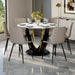 Table and chair set.42 Inch Diameter Round Tempered Glass Pandora marble patterned Dining Table - V-Shaped MDF Legs.Paired With 6 Gray Artificial PU Chairs With Curved Widened Cushion Design. - DTYStore